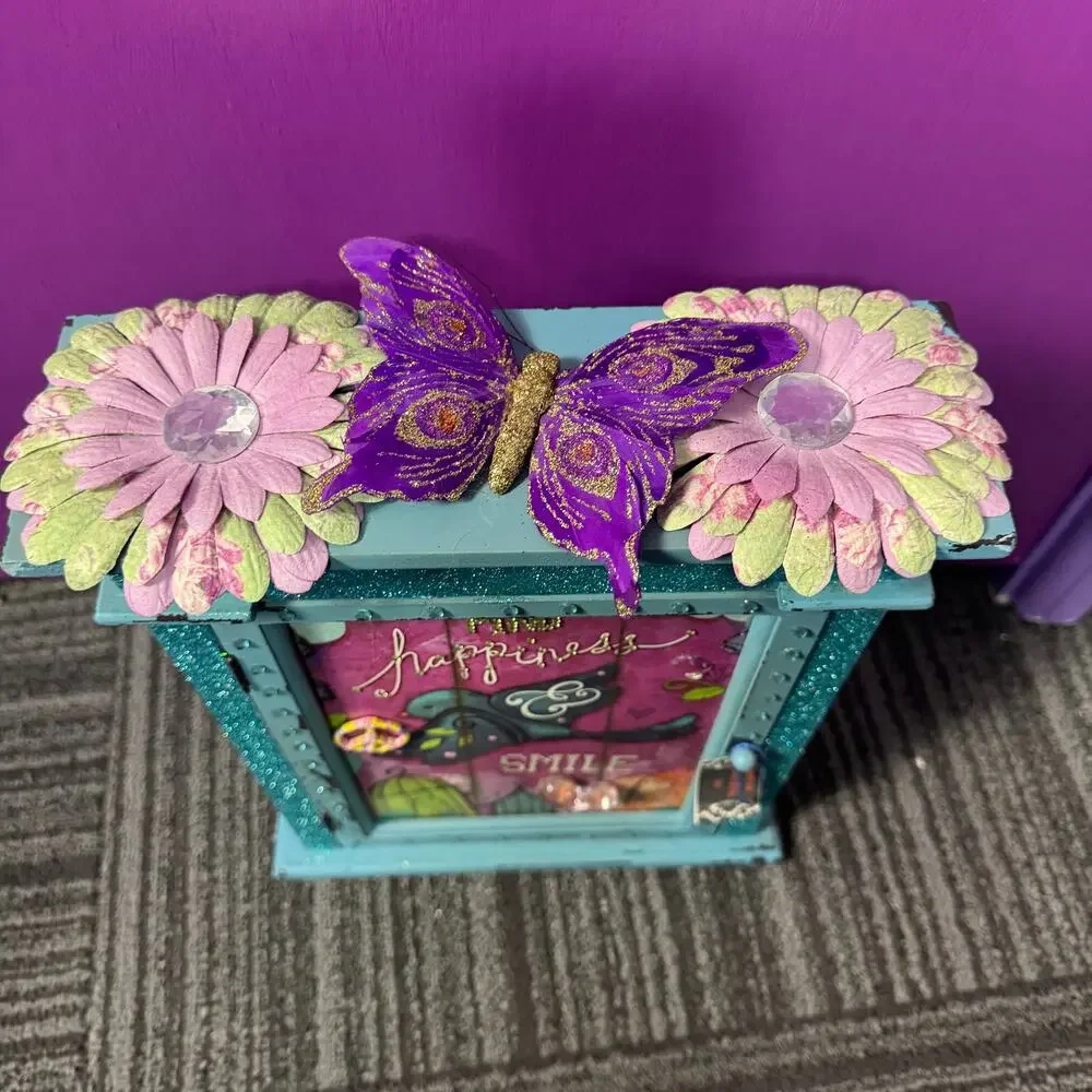 Whimsical Teal Glitter Wooden Wall Cabinet Jewelry Key Holder Butterfly Floral
